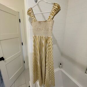 La Ligne Gold and White Striped Smocked Midi Dress